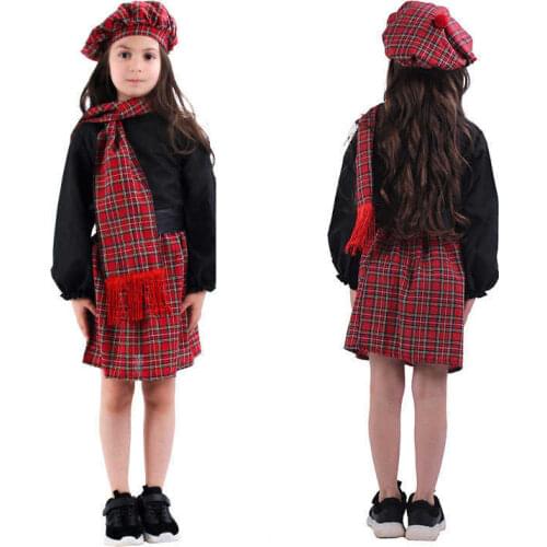 Scotch girl Scotland Costume Head Dress Headwear Scarf Baby Girls Full Suit Children Halloween Scottish Kilt Cosplay dress