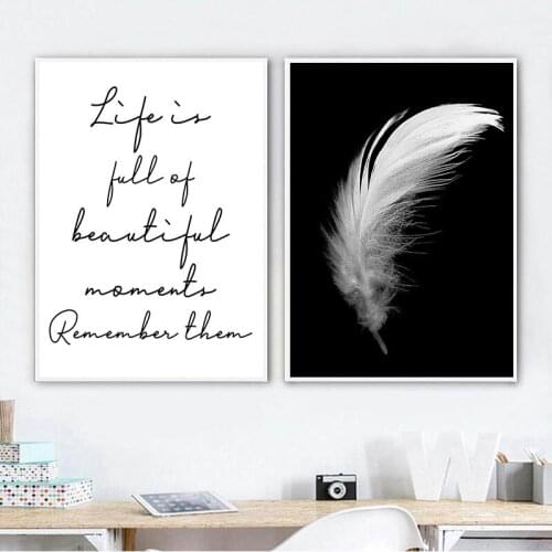 Nordic Minimalist Black and White Feather Quote Wall Art Canvas Painting Posters and Prints Wall Pictures for Living Room Decor