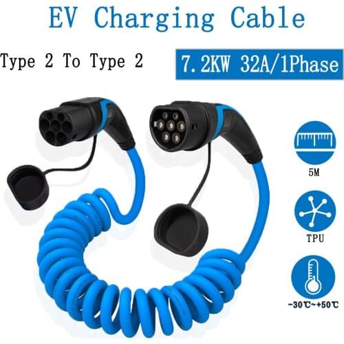 EV Charging Coiled Cable Sprial Cord 32A 7.2KW for Electric Car Charger Station Type 2 Female to Male Plug IEC 62196-2 5m