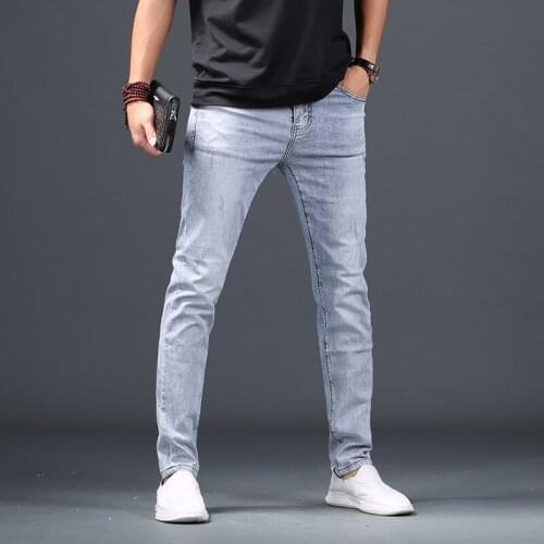 Light Blue Jeans Men Summer Thin Slim Fit Pencil Pants Streetwear Casual Mens Cotton Denim Trousers