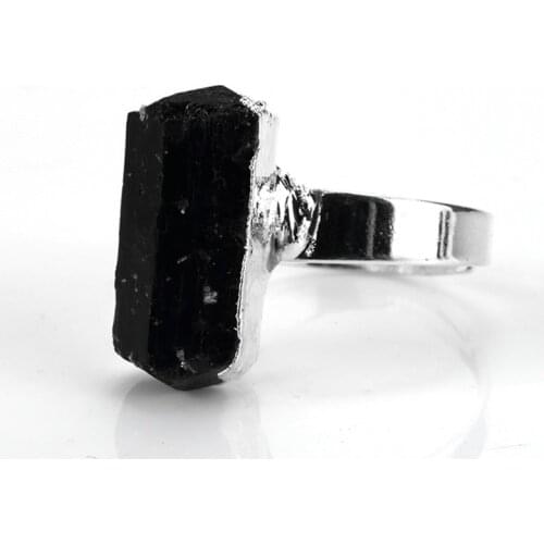 Trendy-beads Silver Plated Resizable Irregular Shape Black Tourmaline Men Ring For Fathers Day Gift Jewelry