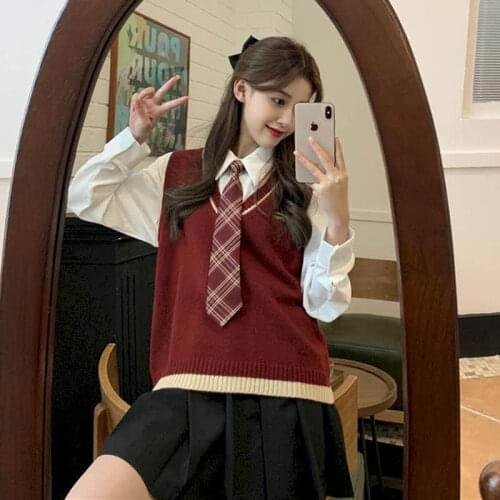 Preppy Style all-match tie shirt + Korean v-neck knitted sweater vest suit loose high street elegant womens top sets streetwear
