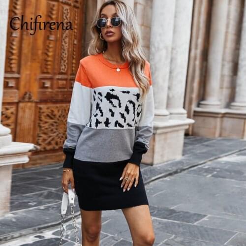 Chifirena Vintage Leopard Patchwork Sweater Dress Women O Neck Long Sleeve Winter Casual Robe Female Elegant Minie Vestidos