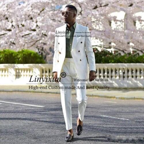 High Quality White Double Breasted Mens Tuxedos Peaked Lapel Slim Fit Wedding Jacket and Pants Tailor Blazer 2021 Costume Homme