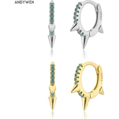 ANDYWEN 925 Sterling Silver 8mm Spike Huggies Crystal Pave CZ Hoops Women Fashion Luxury Jewelry Wedding Party Zircon Clips