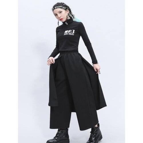 Spring and Autumn New Womens Front Pants and Back Skirt Splicing Asymmetric Sleeve Type Wide Leg Pants Black Straight Pants