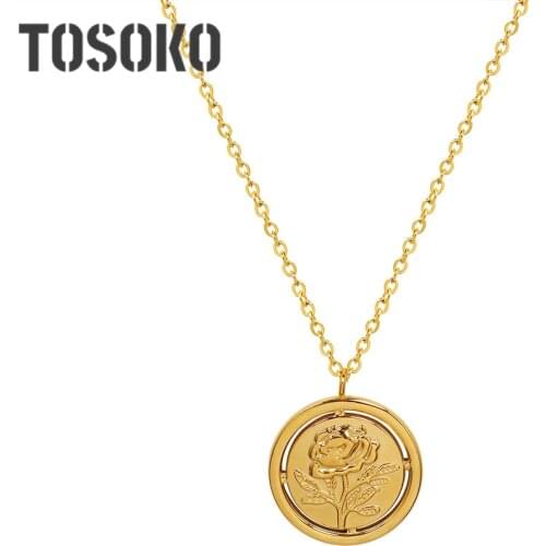 TOSOKO Stainless Steel Jewelry Flower Rose Pendant Round Brand Necklace WomensFashion Cavicle Chain BSP1084