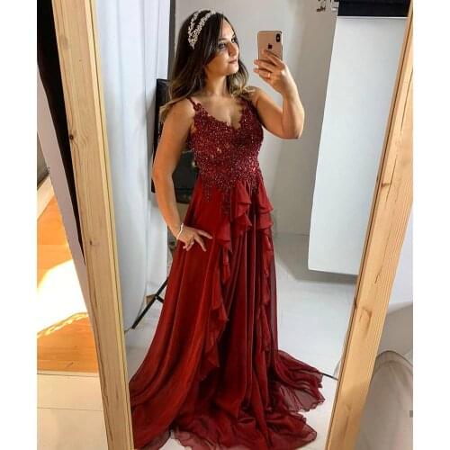 Evening Dress Burgundy 2020 Sexy V-Neck Floor Length Chiffon Spaghetti Strap Sleeveless Lace Appliques Women Formal Party Gowns
