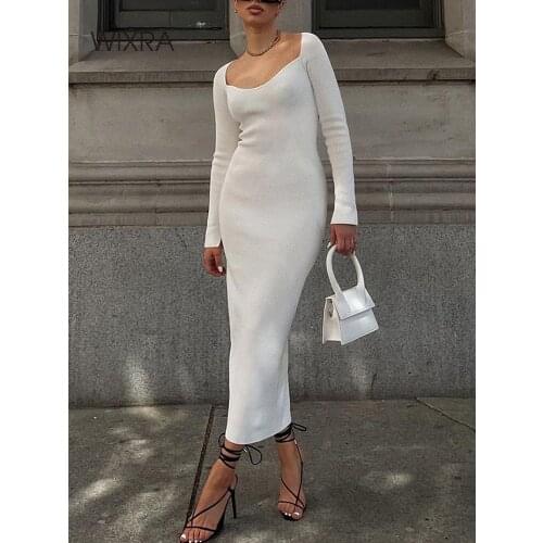 Wixra Off Shoulder Knitted Sweater Dress Women Party Bodycon Autumn Winter Slim High Street Stretchy Sexy Clothing