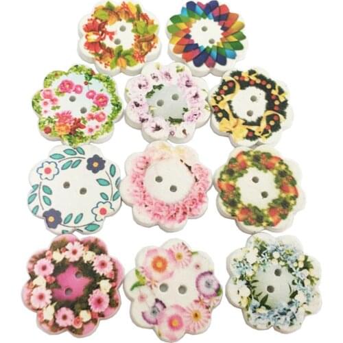 100pcs Handmade Colourful Flower 2 Hole Wooden Button for Sewing Accessories