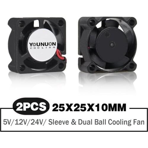2 Pieces Dual Ball 2510 25mm 25x25x10mm Graphics Card Cooling Fan 5V 12V 24V M.2 SSD Fan with 2 PIN