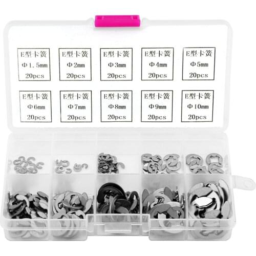 200pcs Stainless Steel M1.5-M10 Circlip E-Clip E-Ring Retaining Ring Assortment Retaining Ring For Shaft Fastener Washer Kit