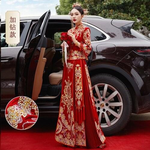 2021 Bride Red Embroidery Qipao Wedding Dress Retro Chinese Style Cheongsam Toast Clothing Size S-2XL