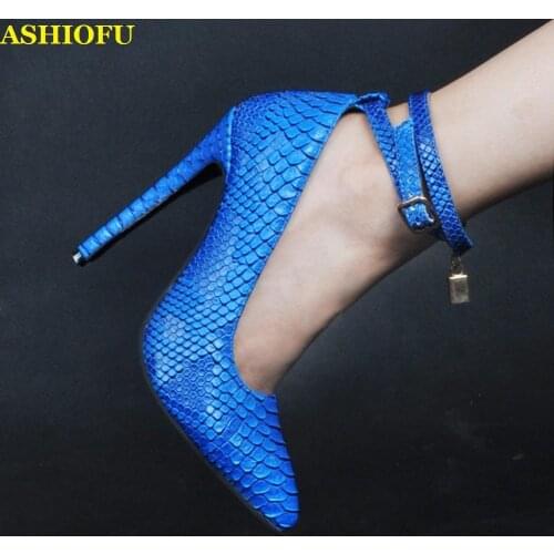ASHIOFU New Handmade Womens High Heel Pumps Fish-skins Leather Party Prom Dress Shoes Metal-Locker Evening Fashion Pumps Shoes