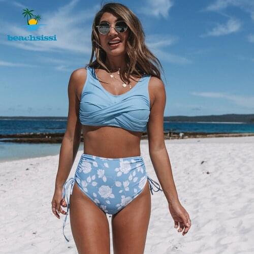 Beachsissi 2021 Twist Front High Waist Scoop Beck Flower Print Bikini Set For Women Blue Bathing Suits For Girl Modest Bikini