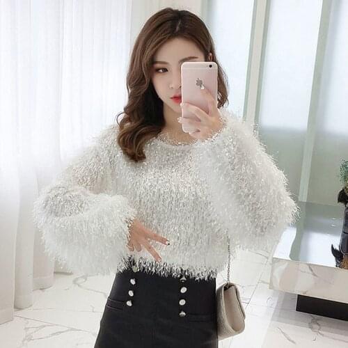 Blouse Women Shirt 2021 Spring Loose Puff Sleeves Furry Top Womens round-Neck Shirt Autumn and Winter Blusas Mujer De Moda