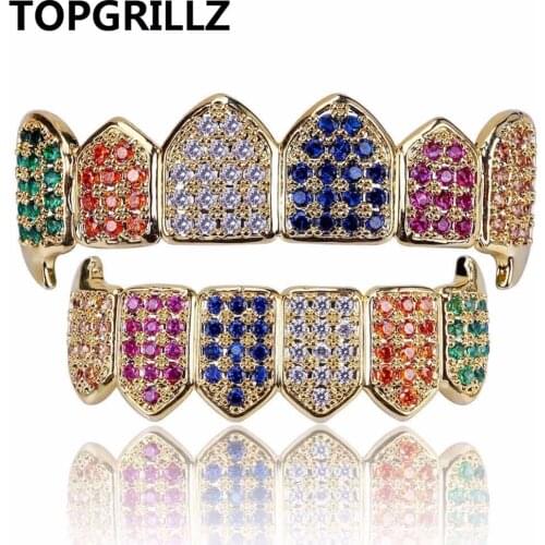 TOPGRILLZ Hip Hop Gold Color Vampire Fangs Grillz Multi-Color Micro Pave CZ Bling Cubic Zirconia Top & Bottom Teeth Grillz