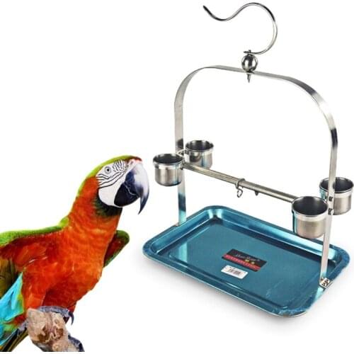 Bird Perch Parrot Cage Bite Stand Stainless Steel Birds Stand Rack Toy Paw Grinding Hanging Shelf with 4 Feeder Cup for Small