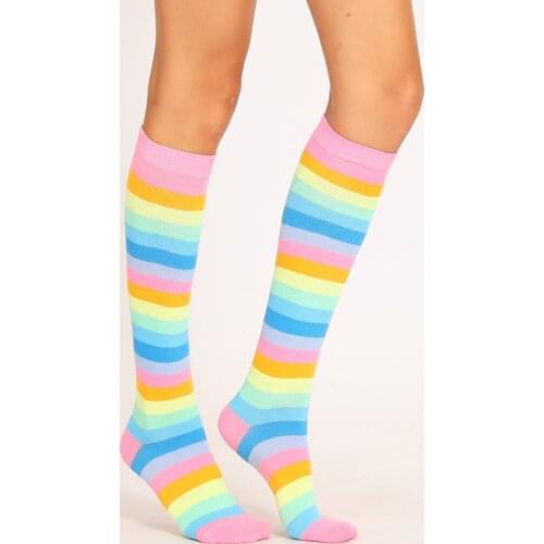Rainbow Stripes Long Women Girls Kawaii Lolita Cotton Long Striped Thigh High Stocking Anime Strip Zebra Cosplay Over Knee Socks