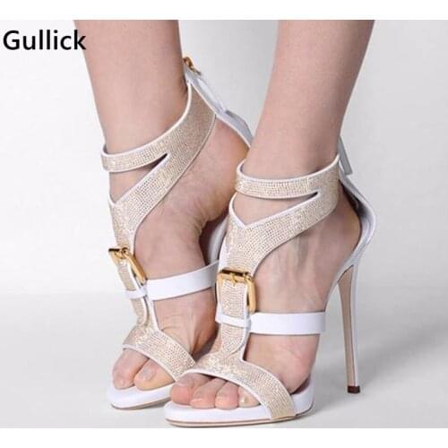 Elegant Black White Stiletto Sandals Big Front Buckle Design Sliver Rivets Studded Sandals Extra High Heels Back Zip Shoes