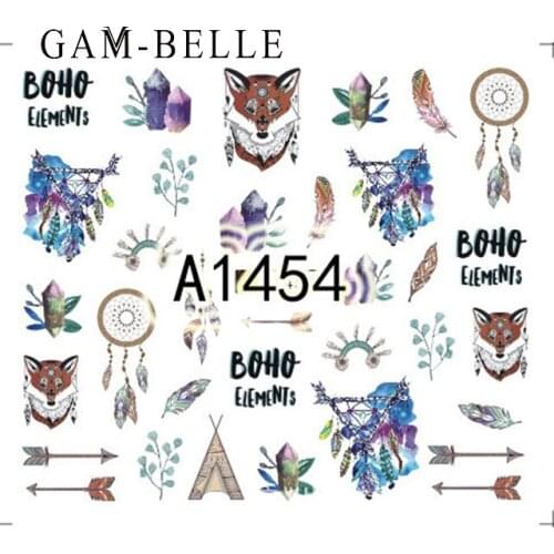 GAM-BELLE 1 Sheet Animal Fruit Feather Nail Sticker Mixed Image Fox Bohemian Water Transfer Slide Decals Decoration Decor Tools