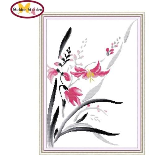 GG Daffodils Ink Painting Chinese Counted Cross Stitch Embroidery Needles Package Joy Sunday Printed Cross Stitch for Home Decor