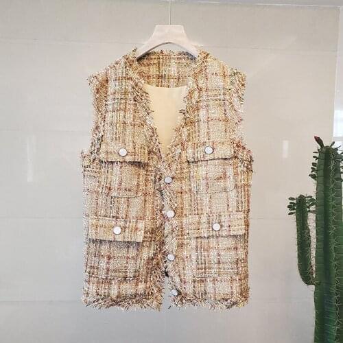 Plaid Tweed Jackets Women Single Breasted Sleeveless Jacket Coat Spring Loose Woolen Outwear Elegant Vintage Luxury k10042