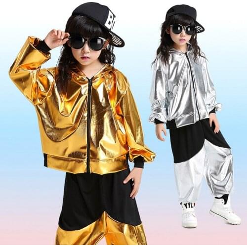 Golden Silver Jazz Ballroom Dance Competition Costume Girls Boys Hip Hop Costume For Kids Hoodie Jacket Dancing Clothing Wear
