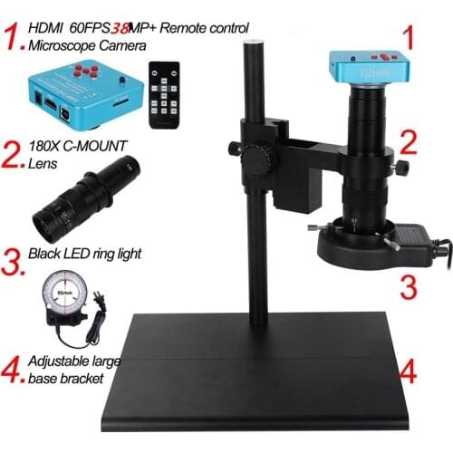 Hot Big Workbench Stand Monocular Microscope Sets +Digital Camera HDMI VGA 38MP+180X Lens LED Light for Repair Phone Soldering