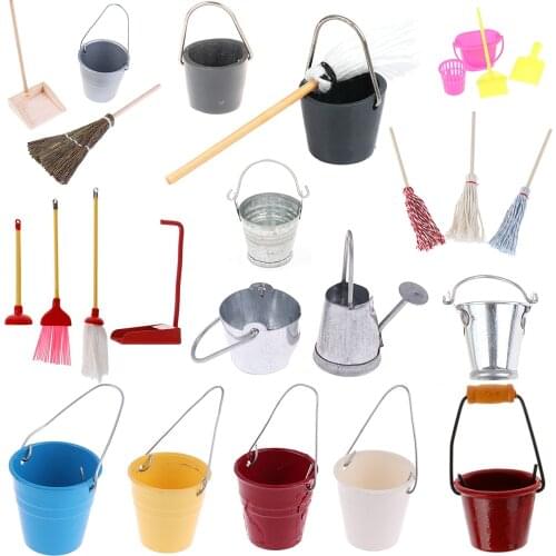 Mini Buckets Mop Cleaner Cleaning Decoration Miniature Furniture Toys 1:12 Doll Kitchen Living Room Accessories for Dollhouse