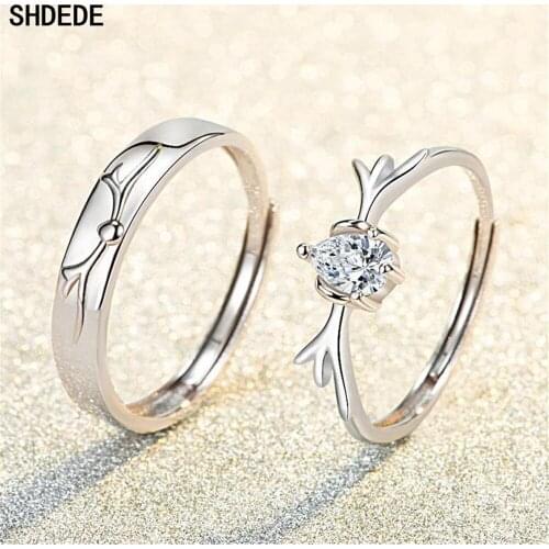 SHDEDE 925 Silver Wedding Rings for Men Woman Adjustable Size His and Her Promise Ring Finger Anniversary Gift Jewelry -124