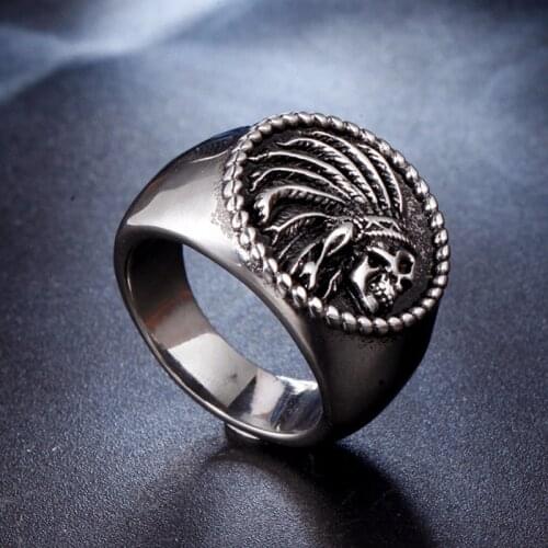 Gothic American Native Skull Rings Mens Tribe Warrior Stainless Steel Signet Rings Punk Motor Biker Jewelry Dropshipping Store