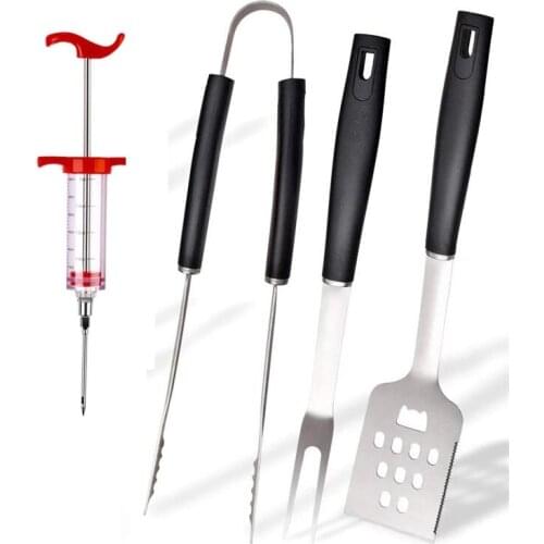 4pcs BBQ Grill Tools Set with Meat Injector Thick Stainless Steel Spatula Fork Tong Cook Meat Barbecue Grilling Tool BBQ Utensl