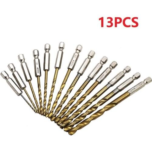 13pcs HSS High Speed Steel Titanium Coated Drill Bit Set 1/4 Hex Shank 1.5-6.5mm Drilling Bit For Cordless Screwdrivers Drills