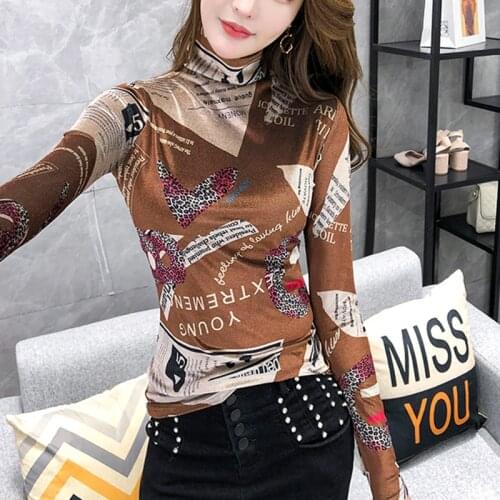 NEW High neck bottoming womens autumn and winter fashion printing top small shirt with sleeve young womens T shirt harajuku
