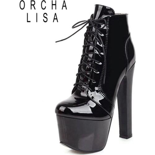 ORCHA LISA Women Ankle Boots Sexy Round Toe 16.5cm Heels Platform Snake-Skin Patent Leather Lace-Up Zip Size 46 Party Club C2172