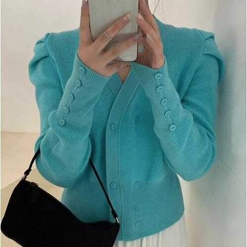Fall Long Sleeve Solid Cardigan Women Chic Puff Sleeve V-neck Knitted Tops Femme 2021 Elegant Slim Waist Office Lady Sweater