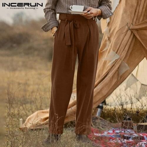 INCERUN 2021 Casual Retro All-match Mens Pants Solid Straight Drawstring Fashion High Waist Leisure Party Loose Trouser S-5XL