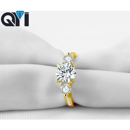 QYI 14K Solid Yellow Gold Three Stone Rings Round Cut Sona Simulated Diamond Halo Rings For Women Wedding Engagement Jewelry