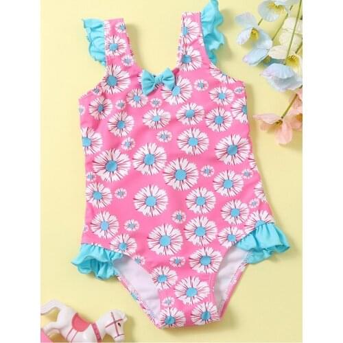 2-7years Girls' Swimsuit One Piece Ruffled With Little Daisy Beautiful Flowers High Flexibility Babys Swimwear 2021 New