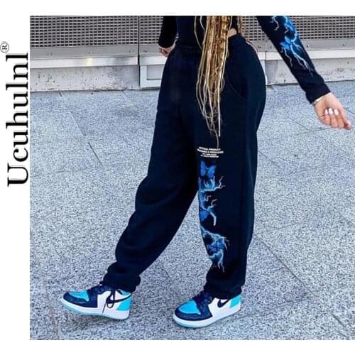 Ucuhulnl Harajuku Womens Pants Lightning Butterfly Letters Printed Sweatshirt Pants with White Belt High Waist Casual Trousers