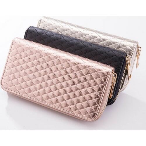 KANDRA Women Single Zipper Rose Silver Rhombus Plaid Wallet 2019 Long Wallet Money Coin Pocket Card Holder Female Wallets Purse
