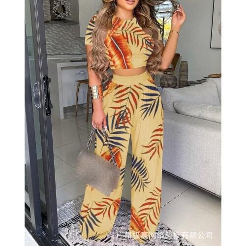 Womens 2021 new summer print waist flared pants casual two-piece suit
