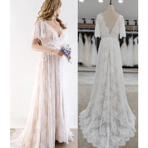 FANWEIMEI#6216 Lace V-Neck nude lining Backless Boho bohemian Beach Wedding Dress Bridal Wedding Dresses