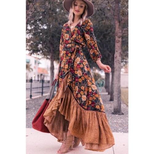 Vintage autumn floral printed dress Women irregular 3/4 sleeve maxi wrap dress Female retro ruffle hem dresses sukienka