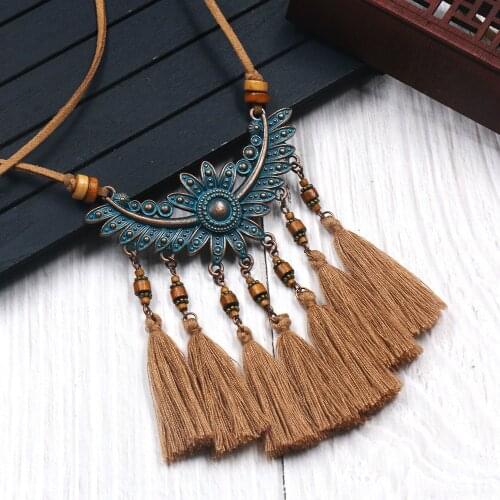 Ethnic Style Vintage Leather Rope Long Necklaces Women Handmade Wooden Beads Tassel Pendant Necklace Clothing Accessories