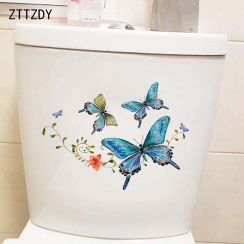ZTTZDY 24.1×17.9CM Blue Butterfly Flower Creative Cartoon Toilet Stickers Fashion Home Wall Accessories T2-1407
