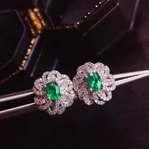 Solid 14K White Gold 0.48ct Natural Emerald Stud Earrings Good Quality Gemstone Wedding Jewelry for Women Earrings