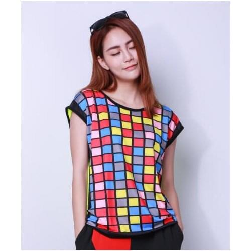 2018 Kids Adult hip hop top dance female Contrast Neon Colorful Women Girls costume performance colorful plaid t-shirts