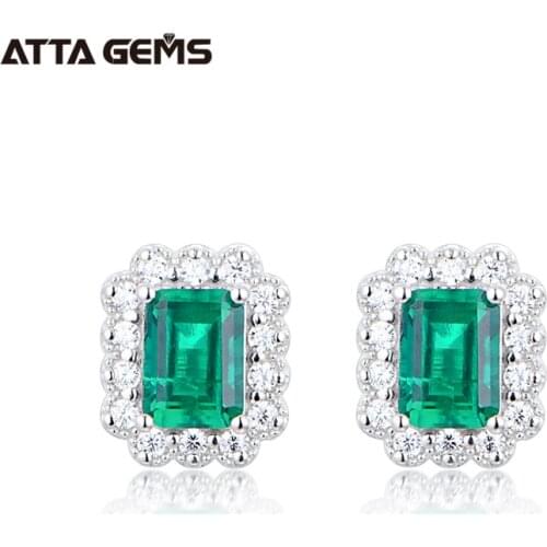 ATTAGEMS 100% 925 Sterling Silver rhodium plating Octagon Cut Emerald Moissanite Diamonds Gemstone Stud Earrings Fine Jewelry